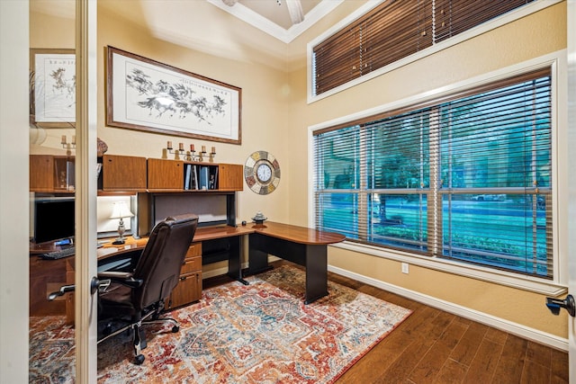 36927 Anglers Way, Pinehurst, TX 77362 - office area with crown molding, wood finished floors, baseboards, and ceiling fan