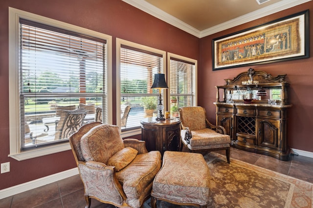 36927 Anglers Way, Pinehurst, TX 77362 - living area featuring dark tile patterned floors, crown molding, and baseboards