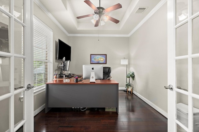 1619 Julia Park Dr, Spring, TX 77386 - office space with a raised ceiling, hardwood / wood-style flooring, ceiling fan, french doors, and crown molding