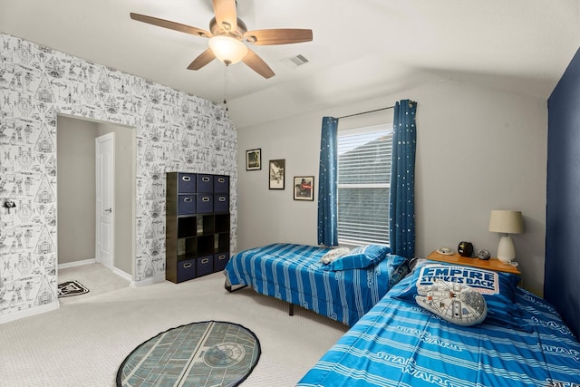 1619 Julia Park Dr, Spring, TX 77386 - bedroom with carpet flooring, vaulted ceiling, a ceiling fan, wallpapered walls, and baseboards
