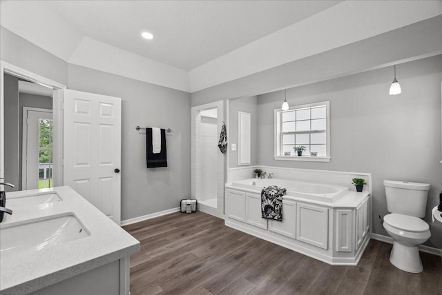bathroom featuring a sink, toilet, baseboards, a garden tub, and wood finished floors