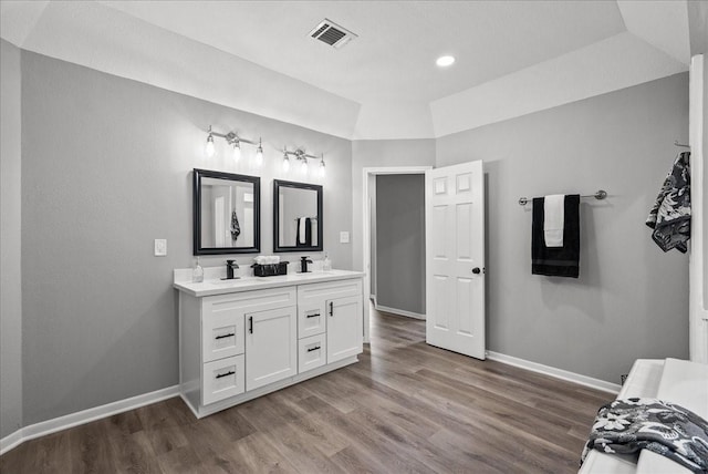 full bathroom featuring a sink, double vanity, visible vents, baseboards, and wood finished floors