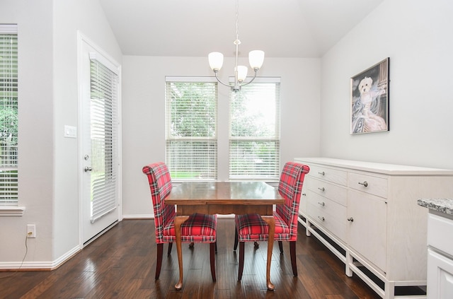 dining area with baseboards, a notable chandelier, vaulted ceiling, and dark wood-type flooring