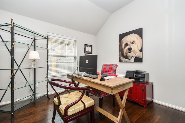 home office with baseboards, lofted ceiling, and hardwood / wood-style flooring