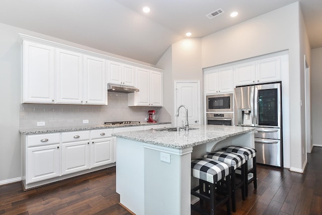 kitchen featuring visible vents, under cabinet range hood, a sink, dark wood finished floors, and stainless steel appliances