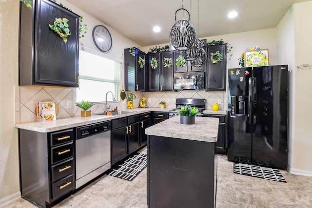 kitchen with backsplash, stainless steel appliances, light countertops, and a sink