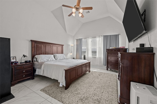 bedroom featuring visible vents, ceiling fan, lofted ceiling, and marble finish floor
