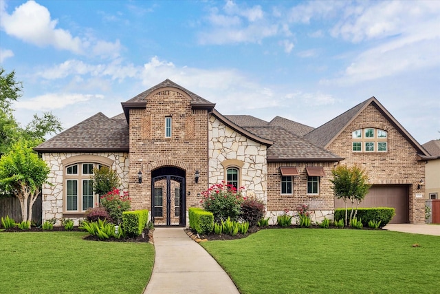 french country style house with a garage, stone siding, a front lawn, and brick siding