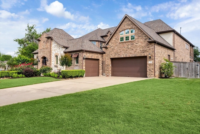 french provincial home with fence, concrete driveway, brick siding, and a front yard