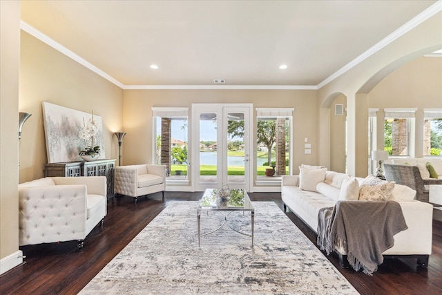 living room featuring arched walkways, dark wood-type flooring, and a wealth of natural light