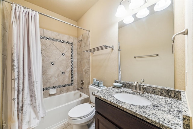 full bathroom featuring vanity, shower / bath combo, and toilet