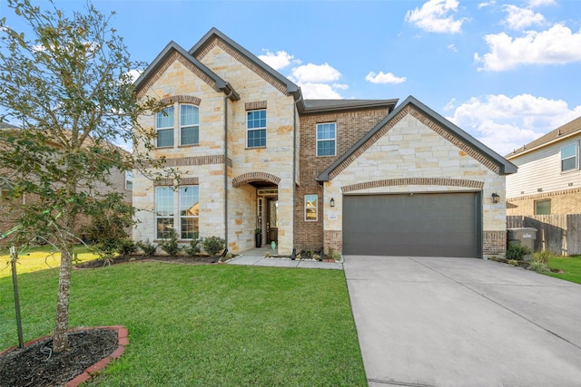 view of front facade featuring concrete driveway, a front lawn, and stone siding