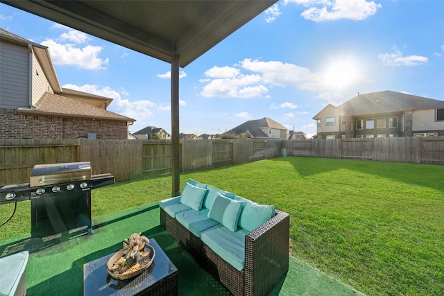 view of yard with an outdoor hangout area, a residential view, and a fenced backyard