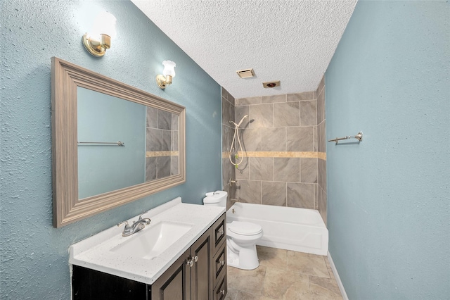 20983 Westgrove Ln, Porter, TX 77365 - full bathroom with a textured ceiling, toilet, visible vents, vanity, and a textured wall