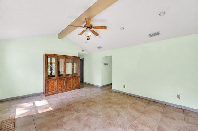 20983 Westgrove Ln, Porter, TX 77365 - empty room featuring a ceiling fan, lofted ceiling with beams, visible vents, and baseboards