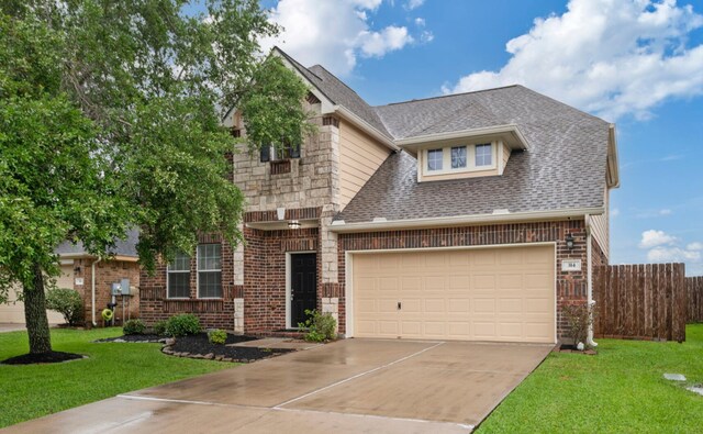 craftsman house with brick siding, a shingled roof, fence, and concrete driveway