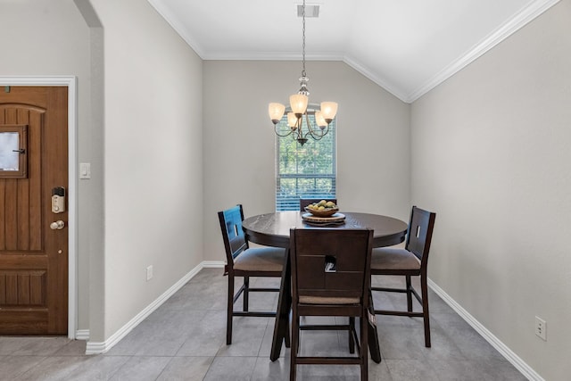 dining space with an inviting chandelier, visible vents, crown molding, and arched walkways