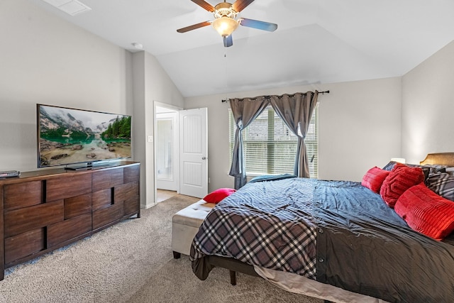 bedroom with baseboards, a ceiling fan, carpet floors, and vaulted ceiling