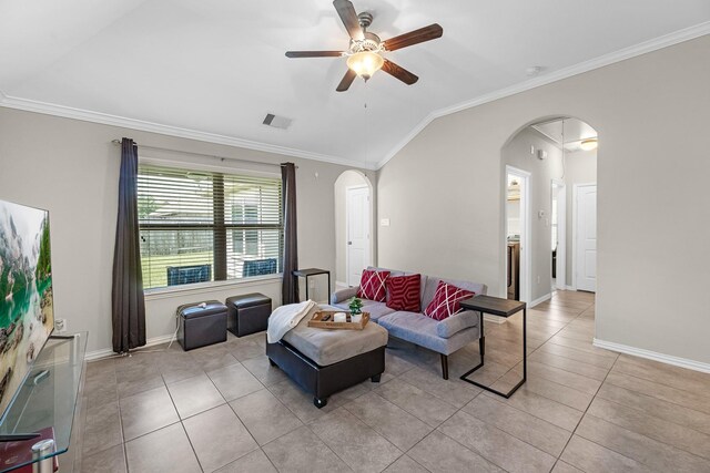 2602 Yellow Pear Way, Fresno, TX 77545 - living room with arched walkways, light tile patterned floors, vaulted ceiling, ornamental molding, and a ceiling fan