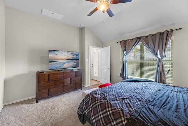 bedroom with carpet floors, vaulted ceiling, ceiling fan, baseboards, and visible vents