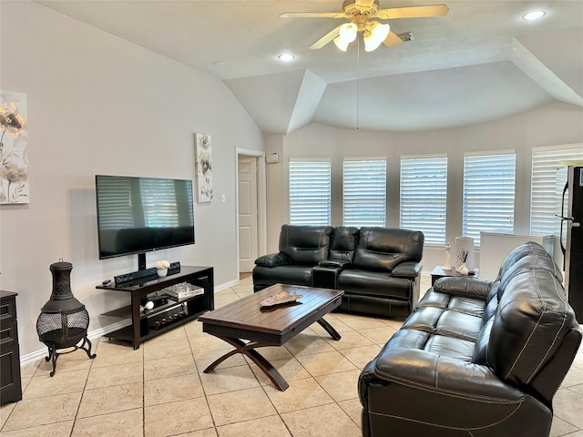 16038 Belleshire Ln, Houston, TX 77084 - living area featuring lofted ceiling, a ceiling fan, baseboards, light tile patterned flooring, and recessed lighting