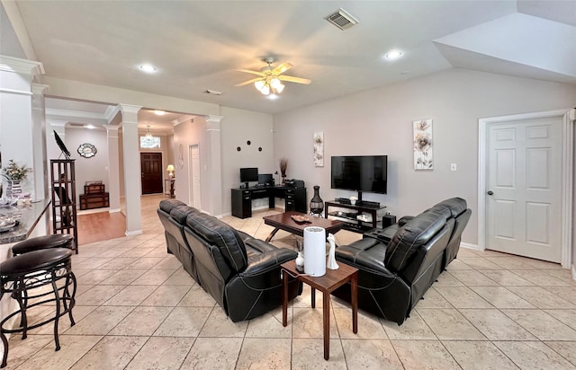 16038 Belleshire Ln, Houston, TX 77084 - living area with ornate columns, a ceiling fan, light tile patterned flooring, an office area, and recessed lighting