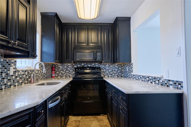 2574 Marilee Ln Unit 1, Houston, TX 77057 - kitchen with light stone counters, dark cabinetry, a sink, backsplash, and black appliances