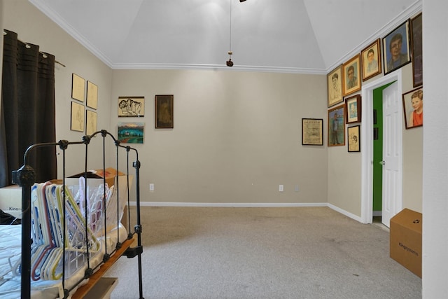 bedroom featuring baseboards, ornamental molding, carpet, and vaulted ceiling