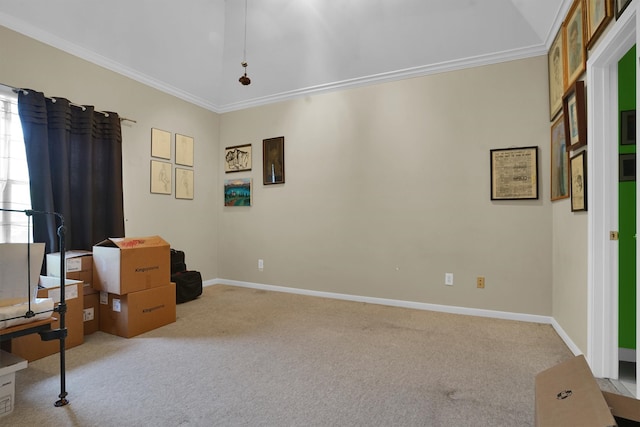 interior space featuring crown molding, carpet flooring, and baseboards