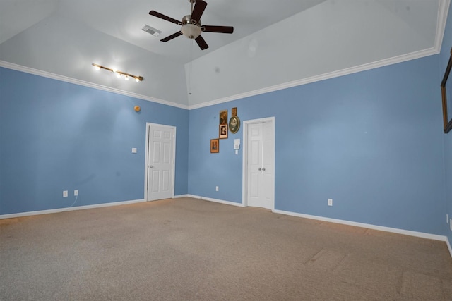 unfurnished room with ceiling fan, visible vents, carpet floors, baseboards, and lofted ceiling