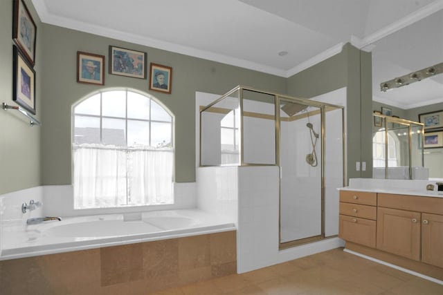 full bathroom with crown molding, tile patterned flooring, vanity, a shower stall, and a bath