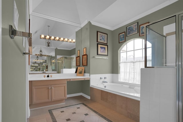 full bath with a shower stall, ornamental molding, a garden tub, and vanity