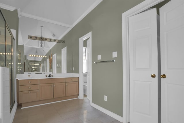 bathroom featuring a shower stall, vanity, baseboards, toilet, and an inviting chandelier