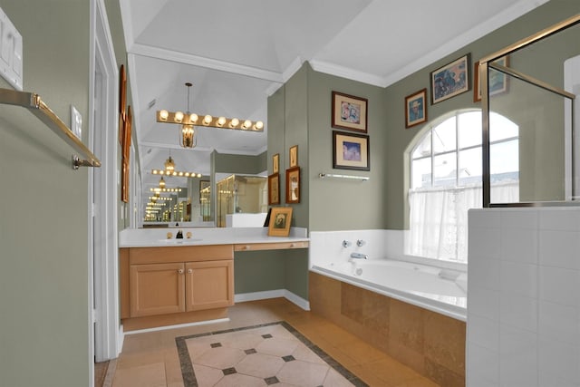 full bathroom featuring tile patterned flooring, vanity, a shower stall, ornamental molding, and a garden tub
