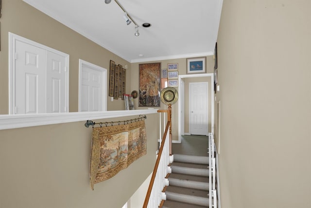 stairway featuring carpet floors, ornamental molding, baseboards, and rail lighting