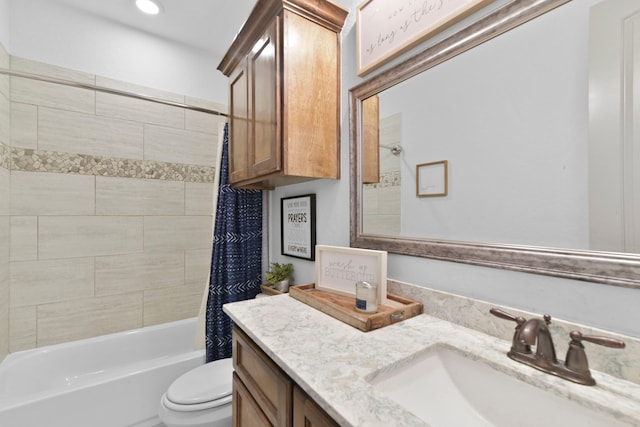 full bath with toilet, recessed lighting, shower / bath combination with curtain, and vanity