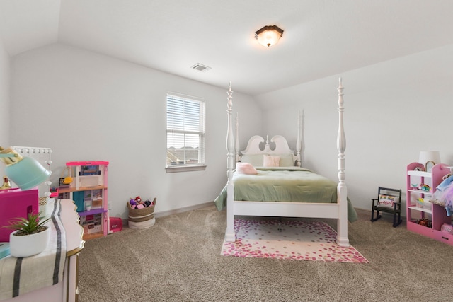 bedroom with visible vents, baseboards, lofted ceiling, and carpet floors
