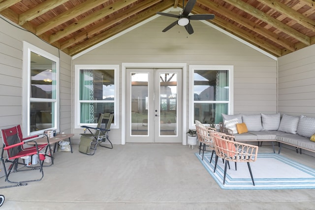 view of patio featuring outdoor lounge area, ceiling fan, and french doors