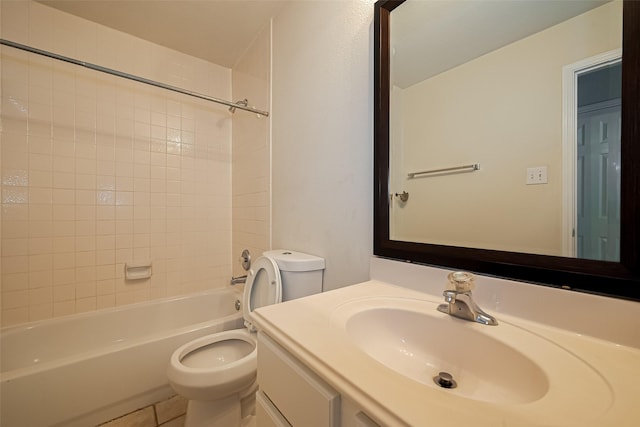 11911 Timpnogos Dr, Tomball, TX 77377 - bathroom with washtub / shower combination, vanity, toilet, and tile patterned flooring