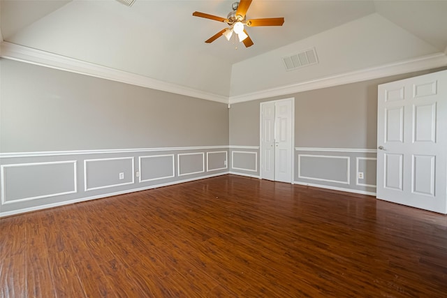 11911 Timpnogos Dr, Tomball, TX 77377 - unfurnished room with ceiling fan, a wainscoted wall, visible vents, a decorative wall, and lofted ceiling