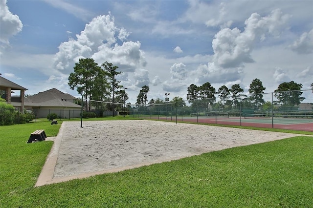 11911 Timpnogos Dr, Tomball, TX 77377 - view of home's community featuring volleyball court, a tennis court, a lawn, and fence