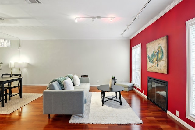 living area featuring dark wood-style flooring, rail lighting, and baseboards
