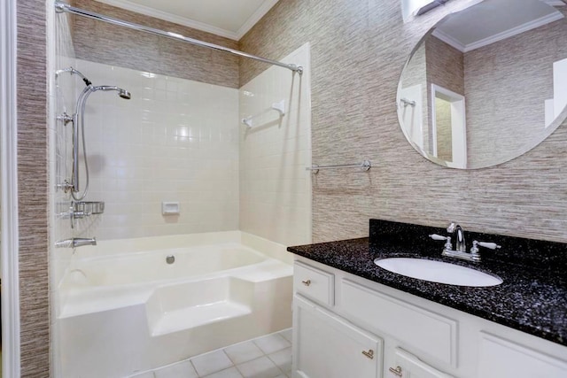 bathroom with ornamental molding, tile patterned flooring, shower / washtub combination, and vanity