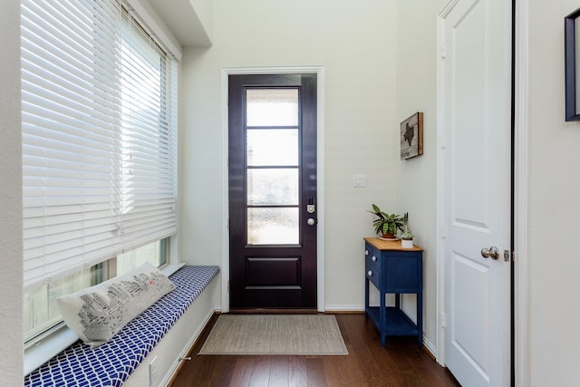 doorway to outside featuring baseboards and dark wood-type flooring