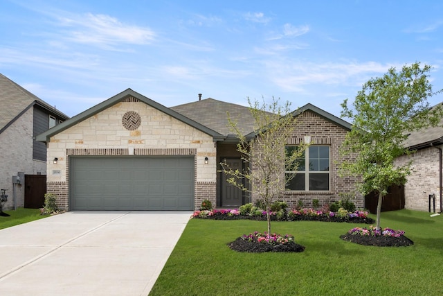 view of front facade with driveway, a front yard, brick siding, and a garage
