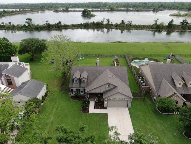 aerial view featuring a water view