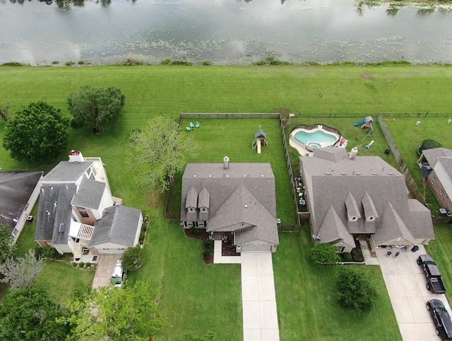drone / aerial view with a water view