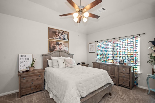 bedroom with baseboards, visible vents, ceiling fan, and carpet floors