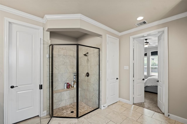 27803 Indigo Pointe Ln, Katy, TX 77494 - ensuite bathroom with baseboards, ceiling fan, a shower stall, and crown molding