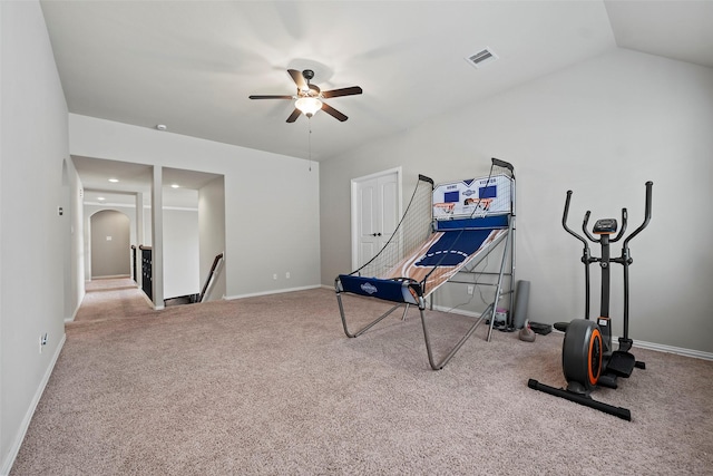 27803 Indigo Pointe Ln, Katy, TX 77494 - exercise area with a ceiling fan, arched walkways, carpet, and baseboards
